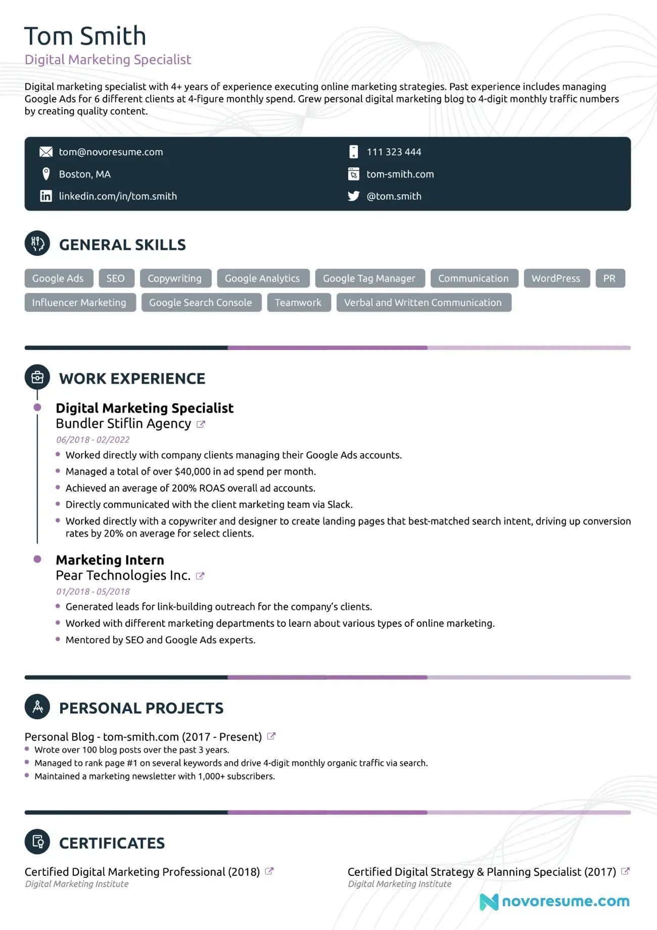 Digital Marketing resume example
