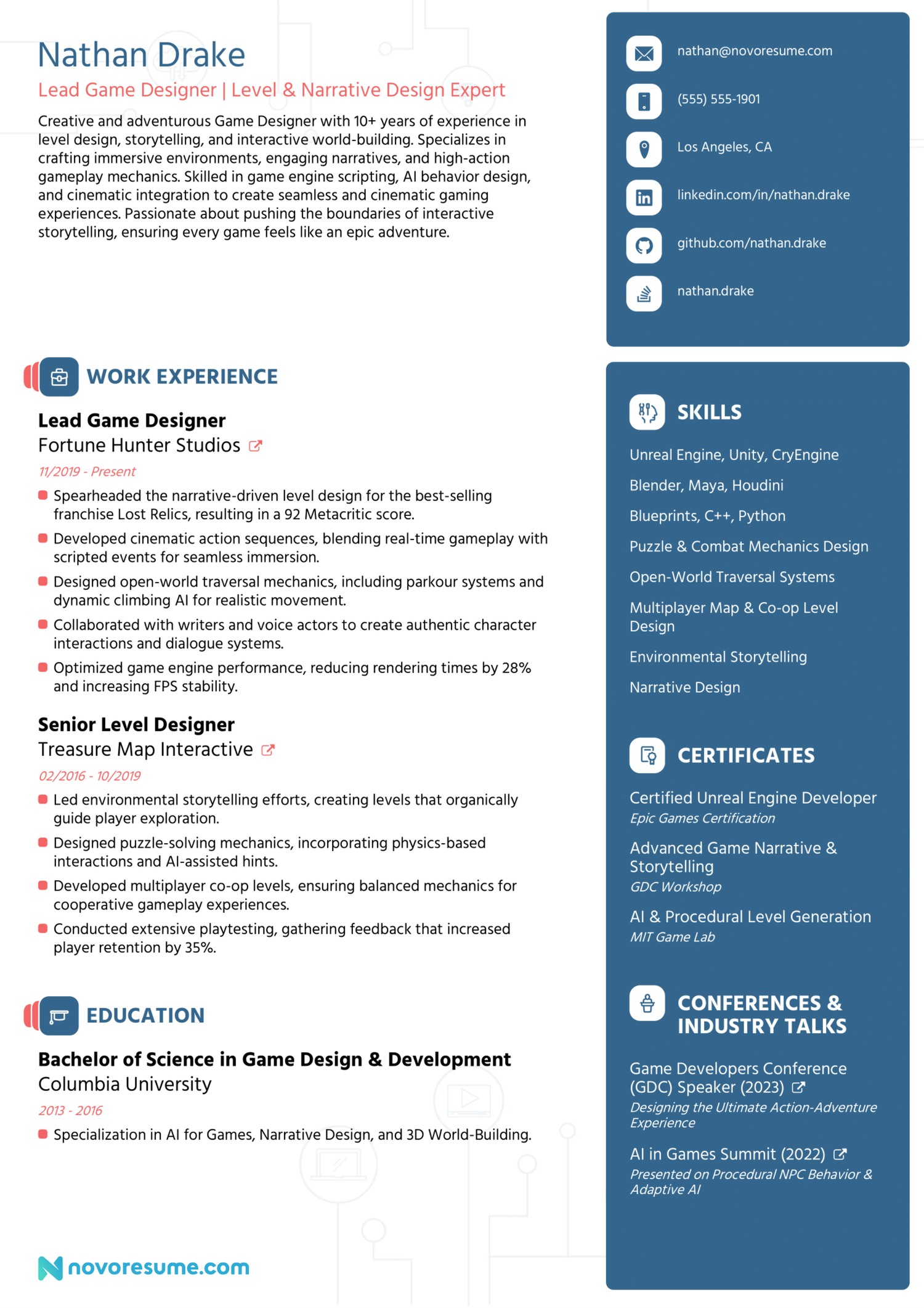 Game Design resume example