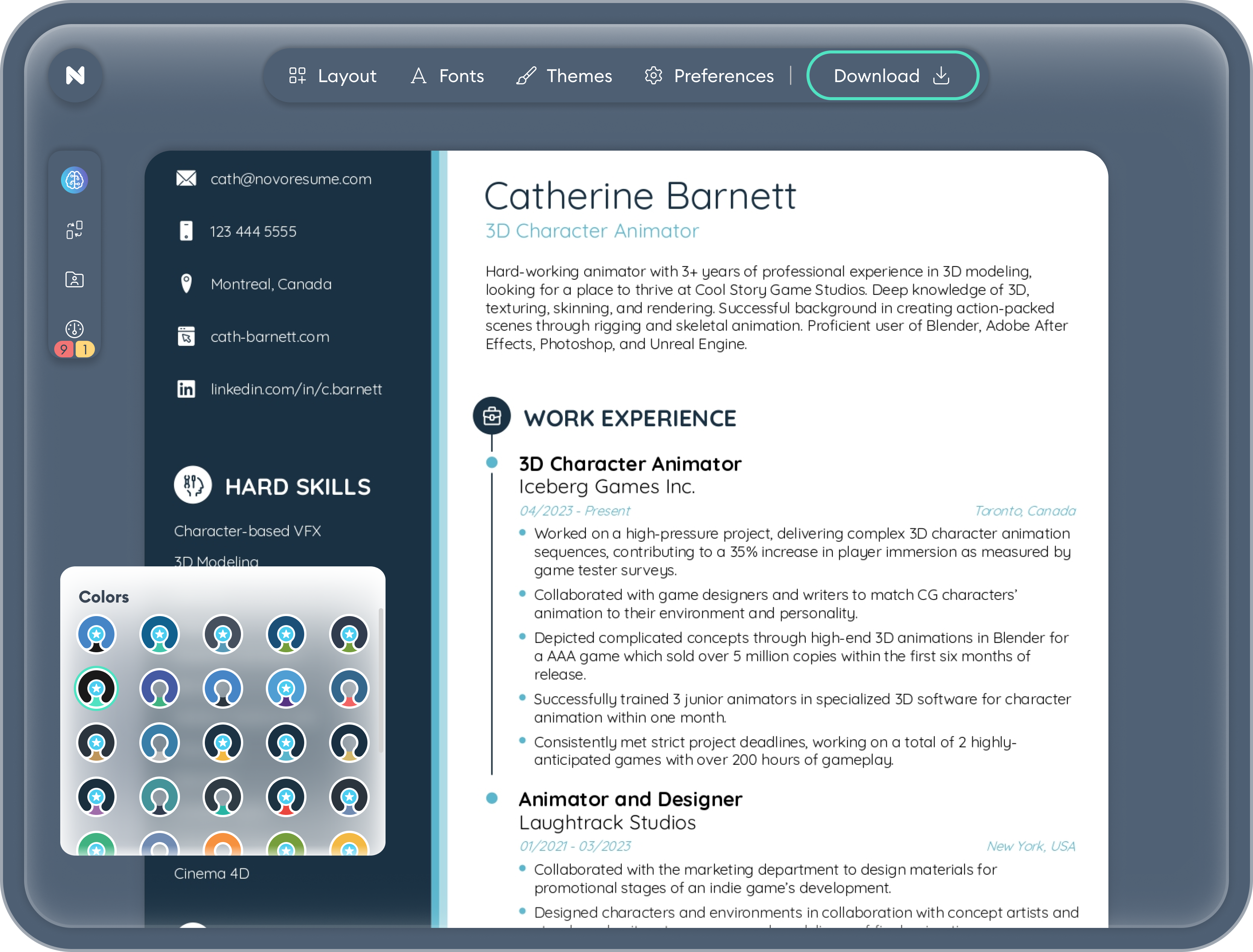 Preview of a resume open in the Novorésumé AI-powered editor