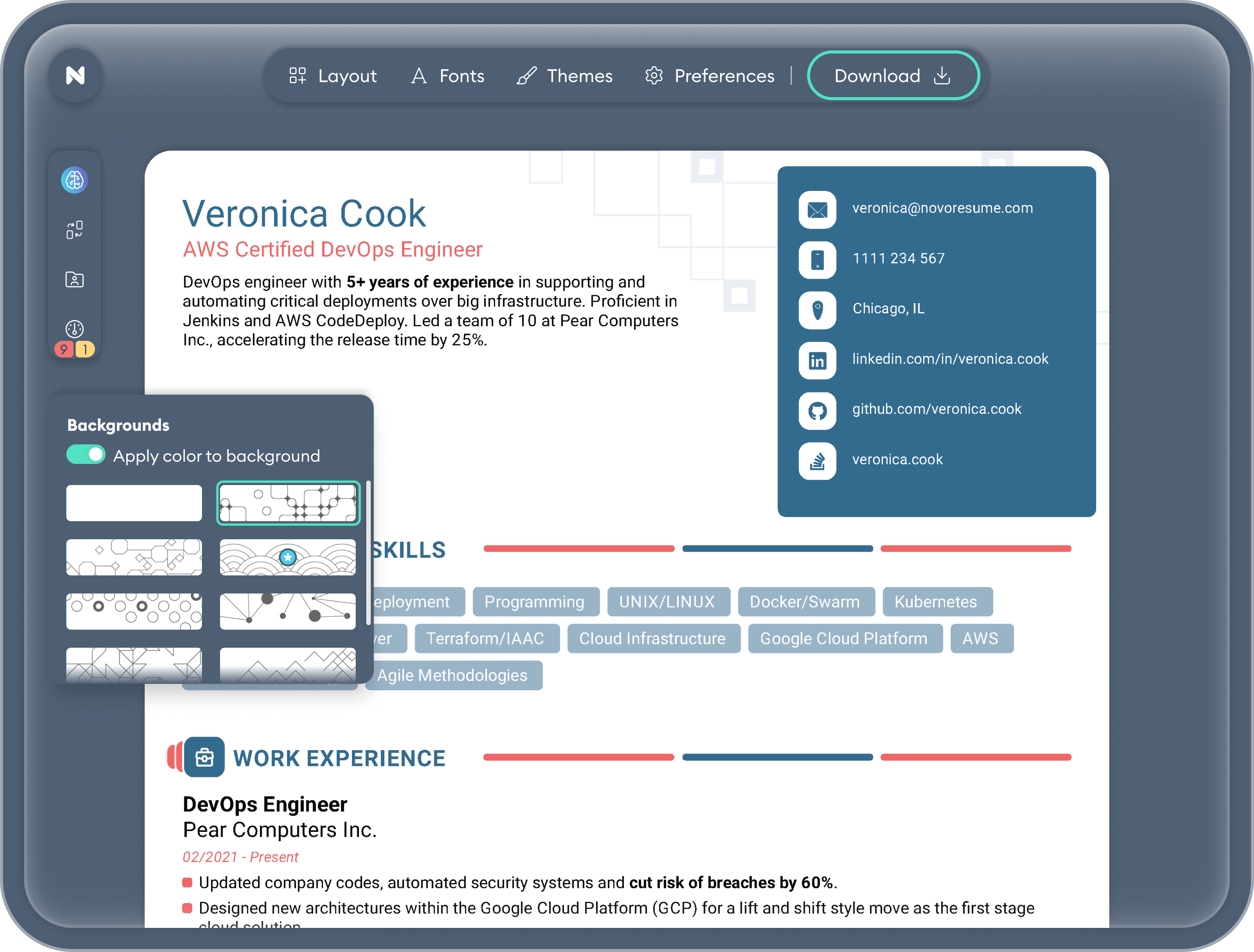 Preview of a resume open in the Novorésumé AI-powered editor