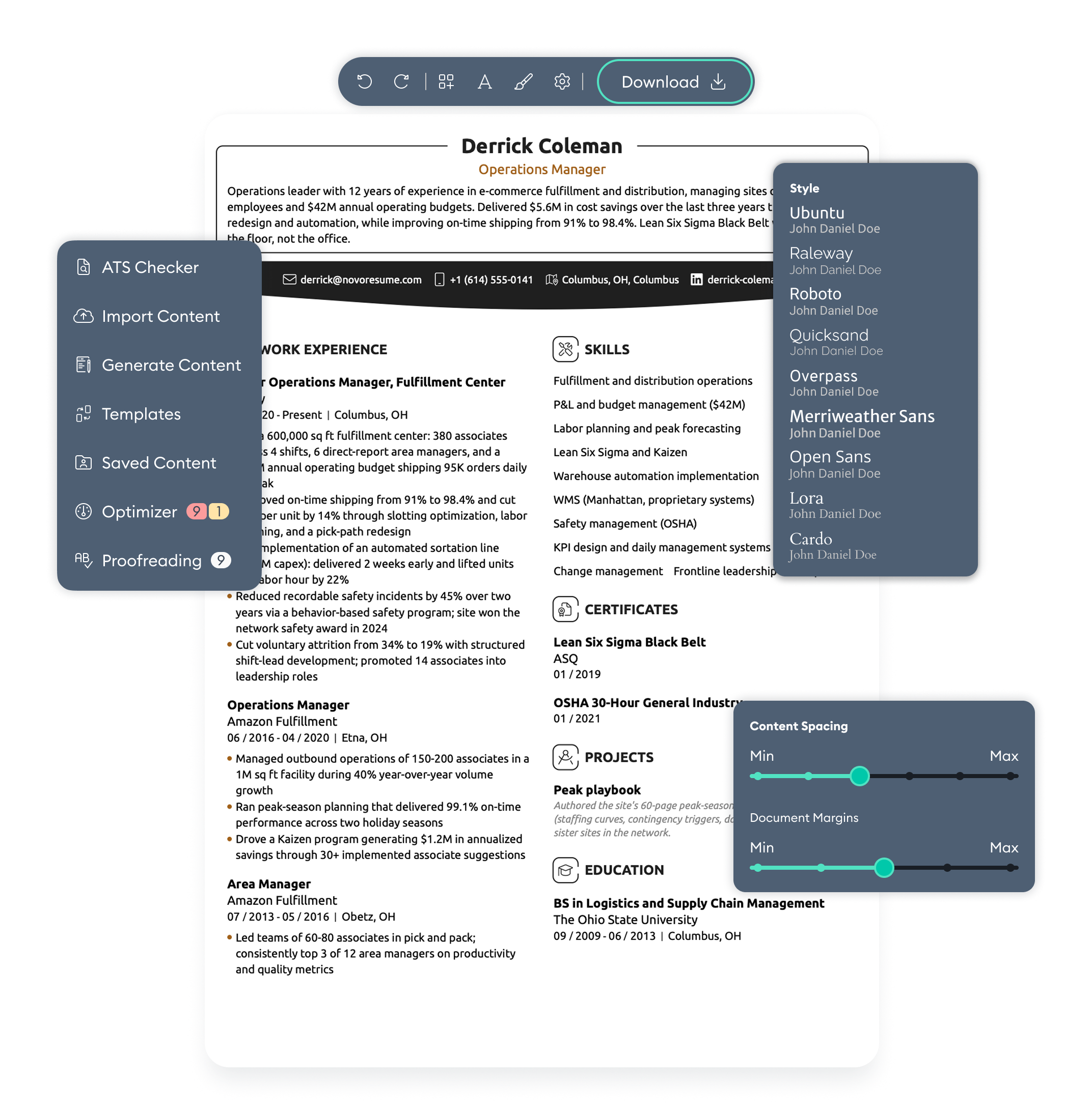 Novorésumé resume editor with a finished resume and a recruiter’s review of the templates